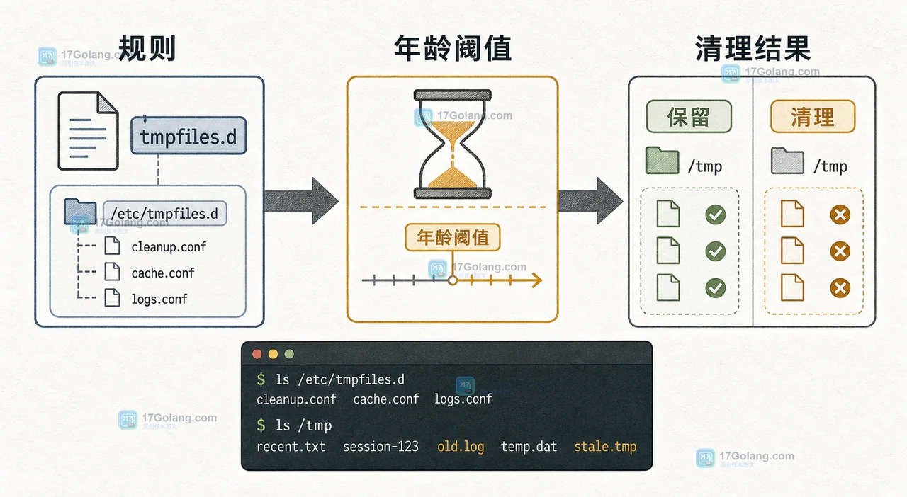 Linux systemd-tmpfiles 从规则文件到年龄判断再到临时文件清理结果的流程插画