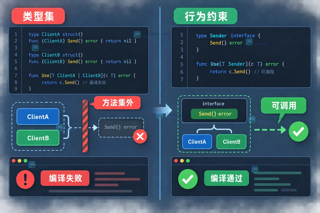 Go 泛型类型约束为什么不能调用具体类型方法：类型集与接口边界