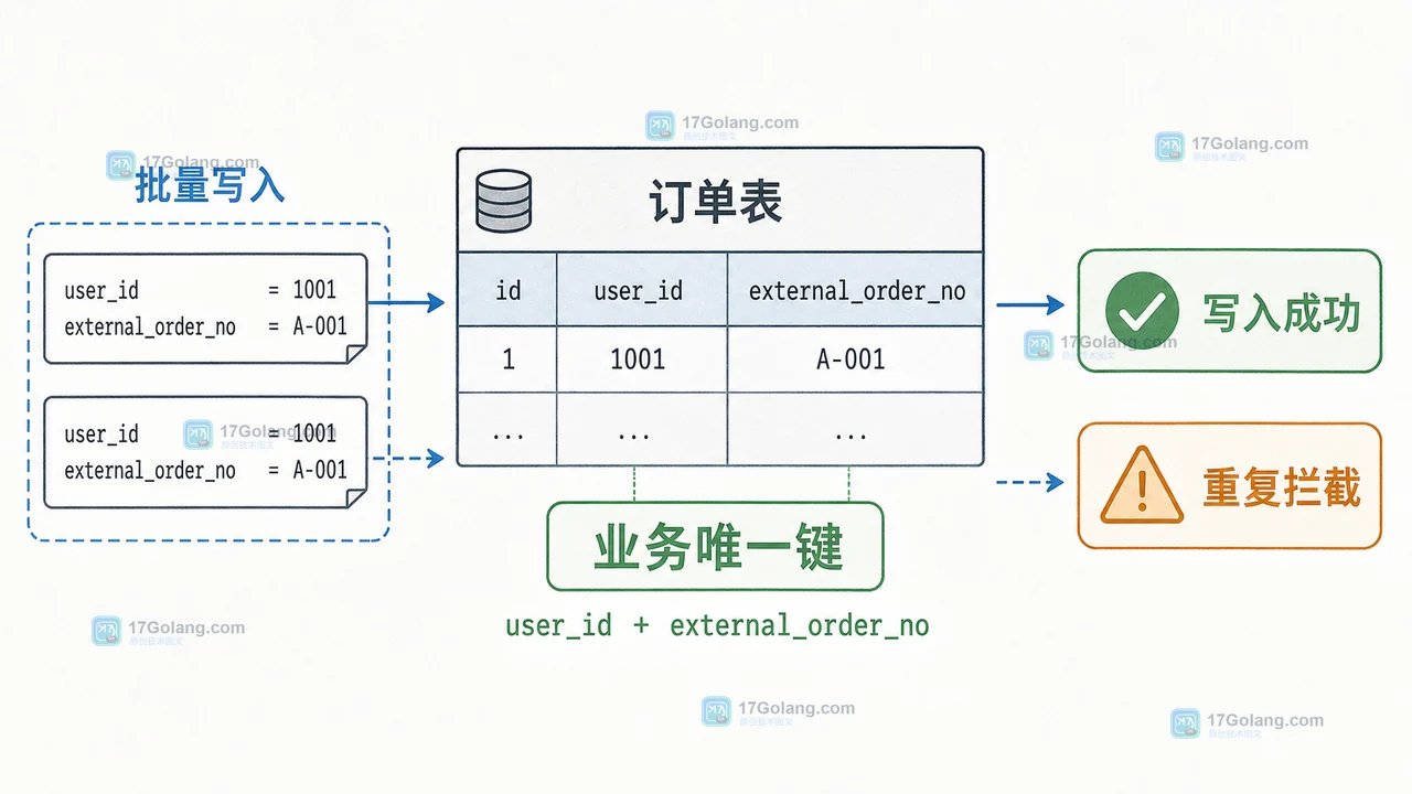 MySQL 订单表用用户与外部订单号唯一约束阻止重复写入的前后对照图