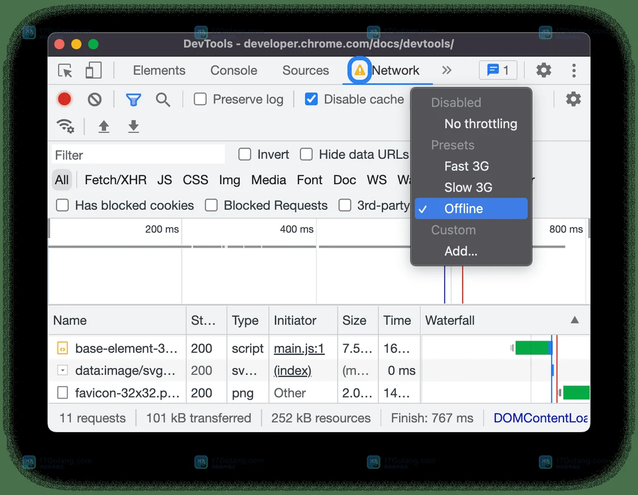 Chrome DevTools Network conditions 中选择 Offline 的设置状态