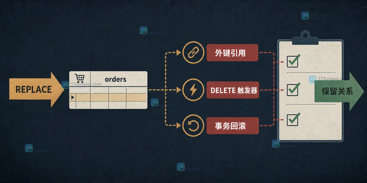 MySQL REPLACE INTO 的外键引用、触发器和事务检查点示意图