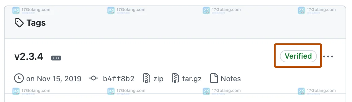GitHub 官方界面中的 Verified 签名状态，展示验证标记在提交相关记录中的位置
