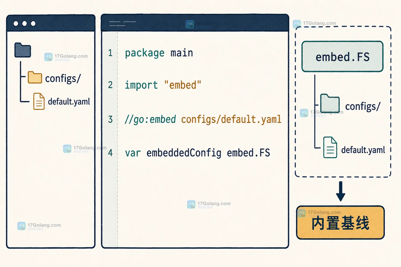 Go embed.FS 如何嵌入默认配置：路径规则、覆盖策略与测试验证