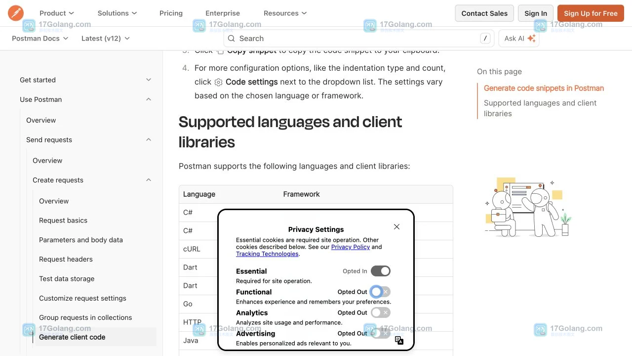 Postman 官方文档展示选择代码语言、复制片段和 Code settings 的连续操作说明