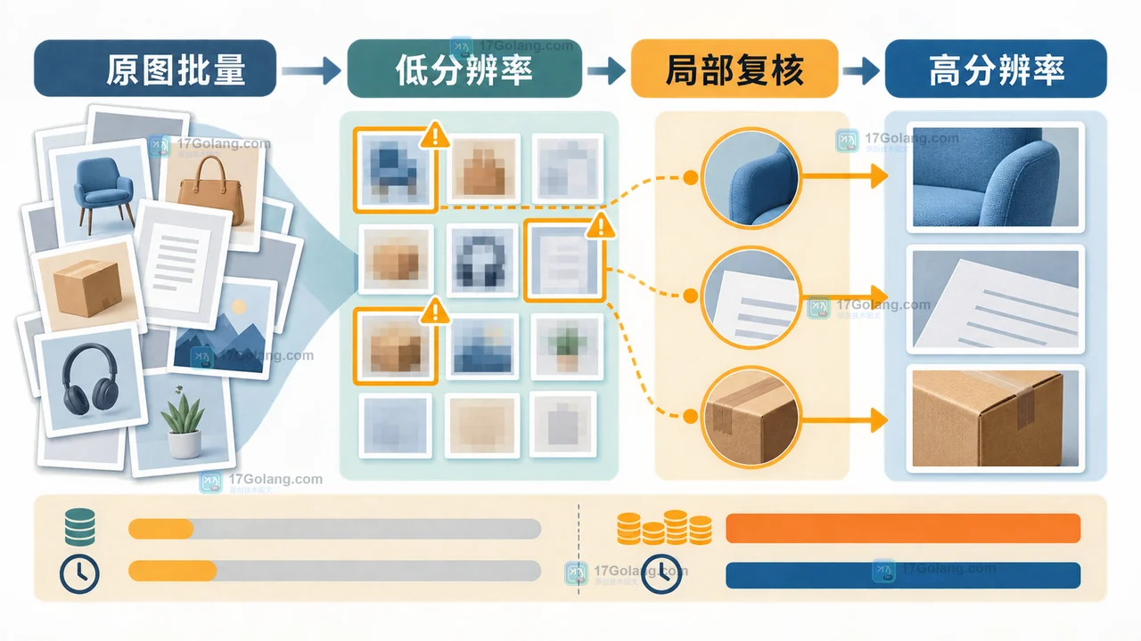 视觉模型先低分辨率粗筛，再对命中图片提高分辨率读取小字的修复路径