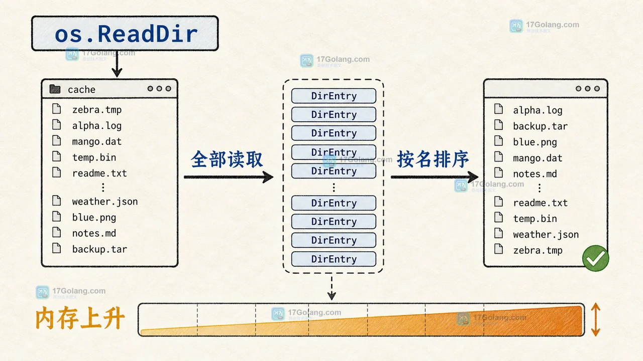 Go os.ReadDir 读取大目录怎么控内存：DirEntry 流式遍历与排序取舍