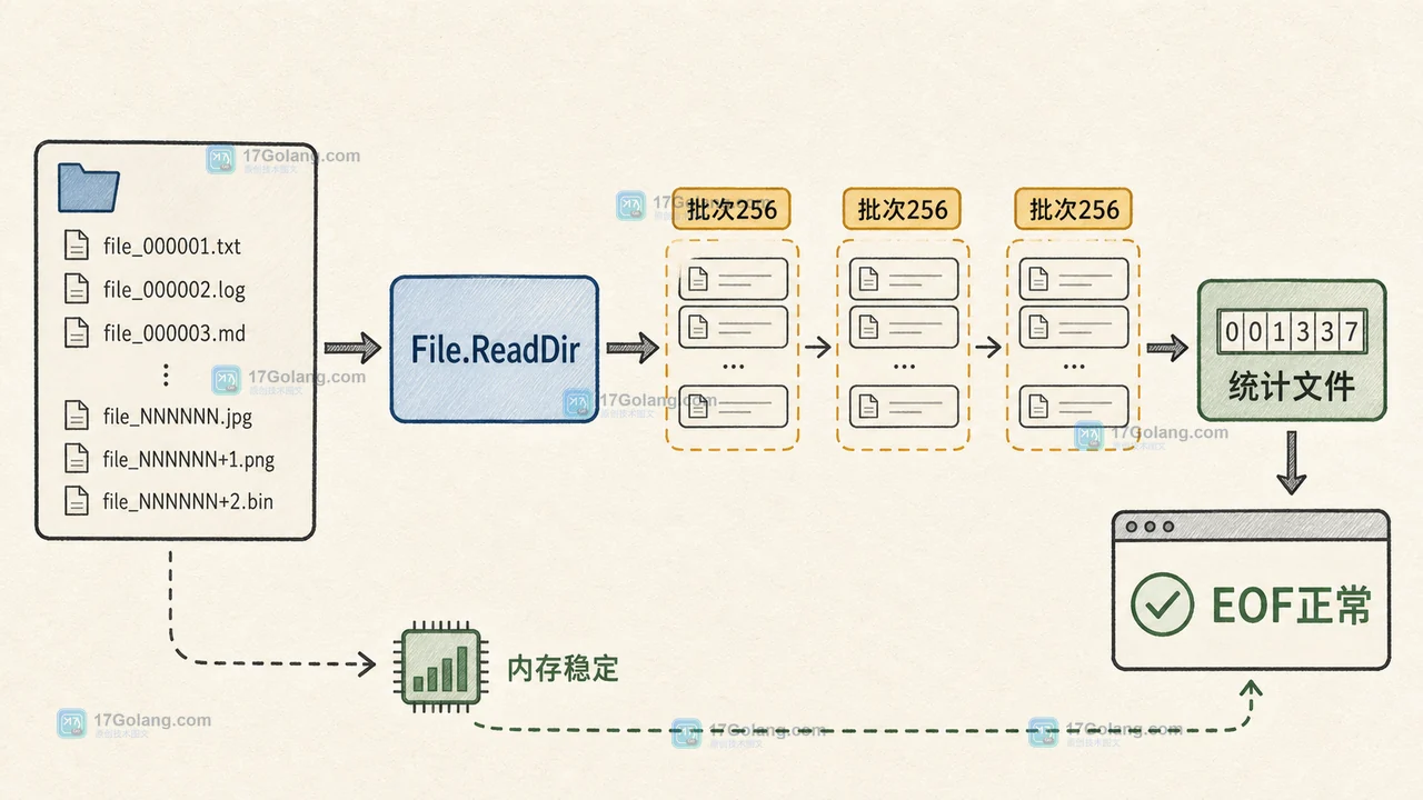 Go File.ReadDir 按 256 个 DirEntry 分批读取并在 EOF 收口,内存峰值保持平稳的流程图