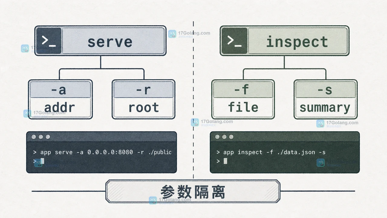 serve 与 inspect 两个 Go FlagSet 分别管理监听地址、目录和归档路径的资源预算示意图