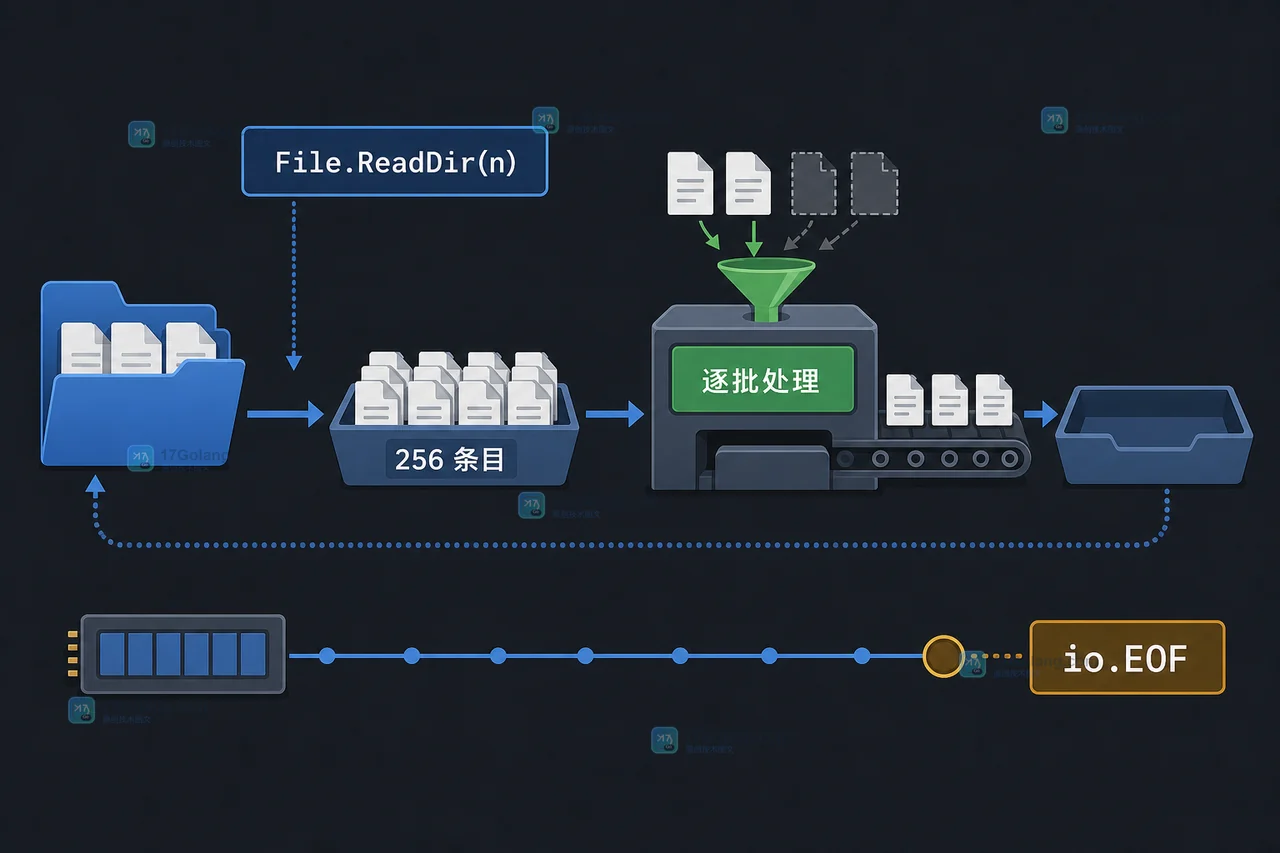 Go File.ReadDir 按批次处理目录项并在 io.EOF 正常收口,内存峰值保持平稳的二维工程示意图