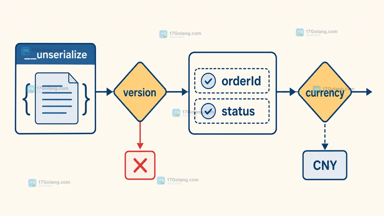 PHP __unserialize 先检查 version，再校验 orderId 和 status，缺少 currency 时回退 CNY，未知版本进入错误分支
