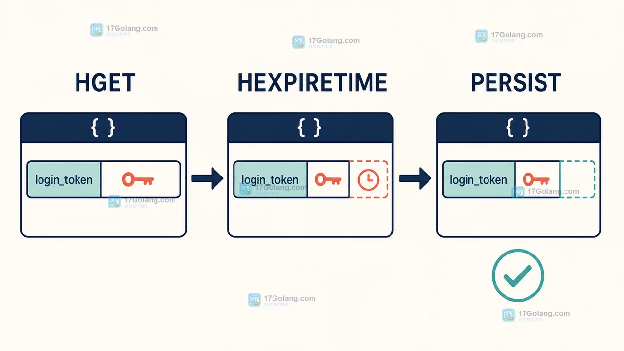 Redis 用 HGET 核对 login_token、用 HEXPIRETIME 验收字段过期时间，并以 PERSIST 清除 TTL 的状态变化