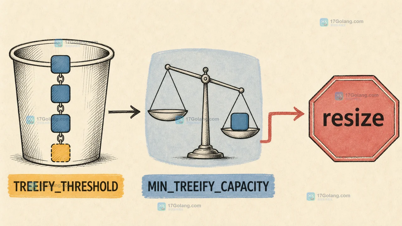 Java HashMap 中 TREEIFY_THRESHOLD 与 MIN_TREEIFY_CAPACITY 共同决定树化或 resize 的判断路径