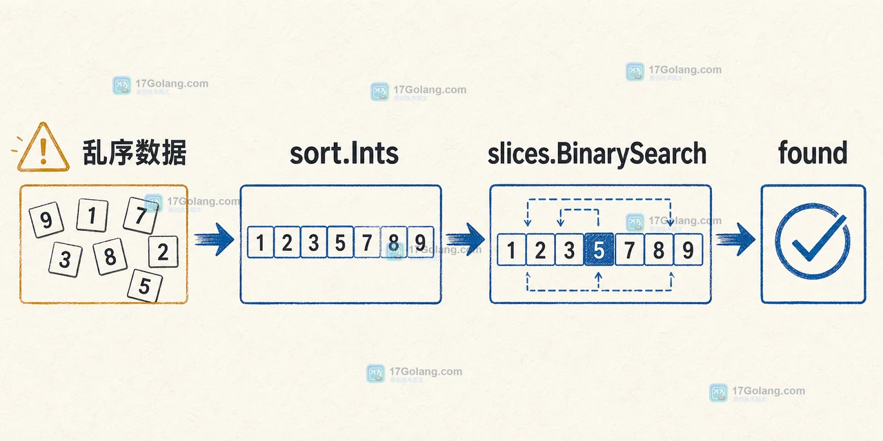 Go sort.Ints 先把乱序数据整理为有序切片,再交给 slices.BinarySearch 得到 found 结果