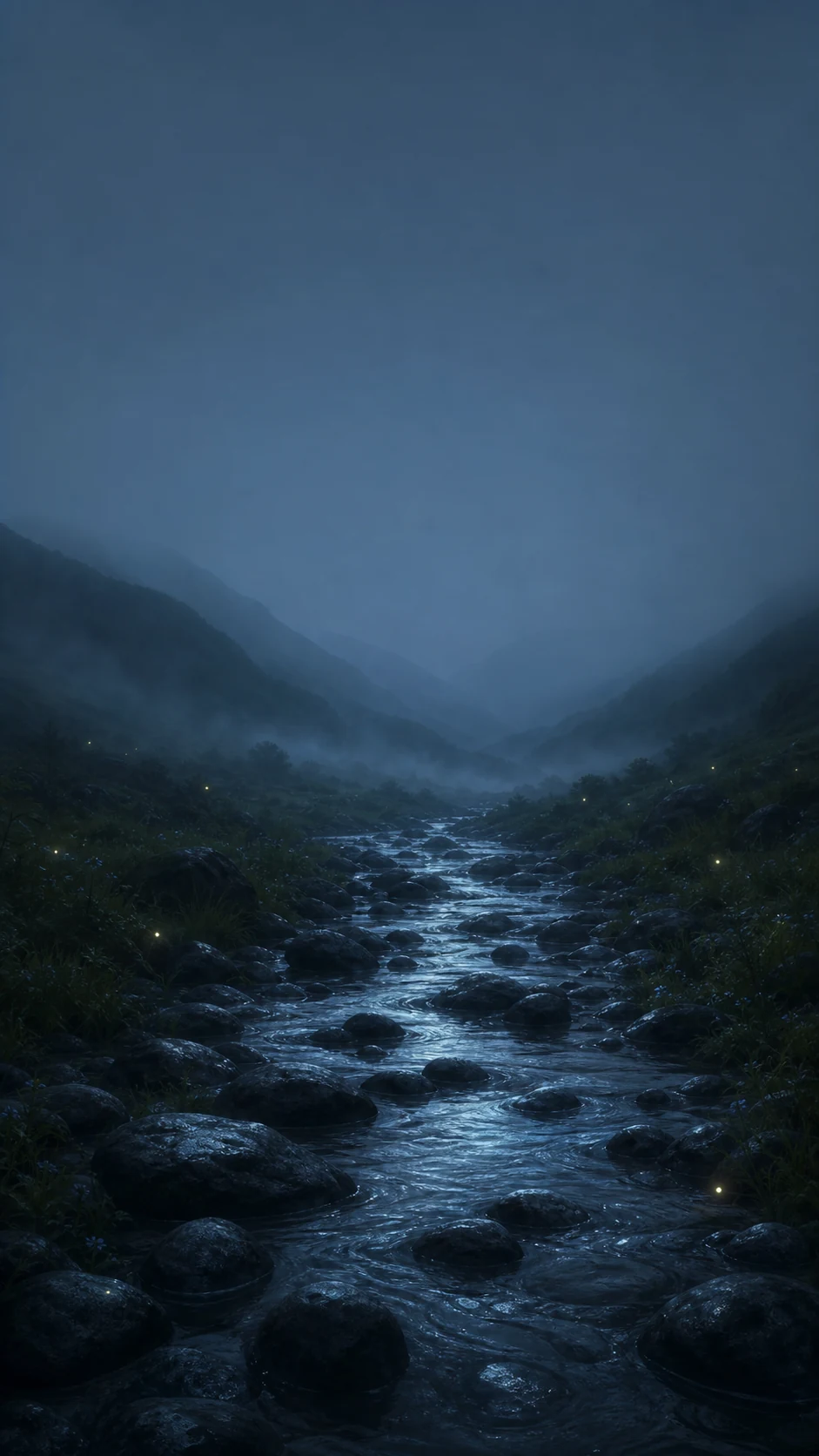 雨后山谷里的萤火溪流手机壁纸提示词：竖屏留白与月蓝暖金变体