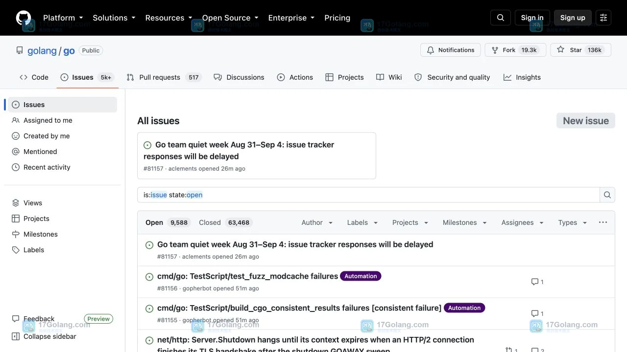 GitHub Issues 怎么按 label 筛选并保存查询链接：以 golang/go 的 open issues 为例