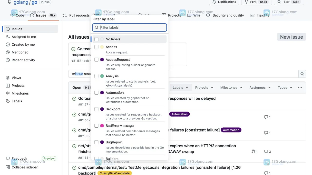 GitHub golang/go Issues 的 Labels 菜单,展示从真实标签列表选择 Go1.24