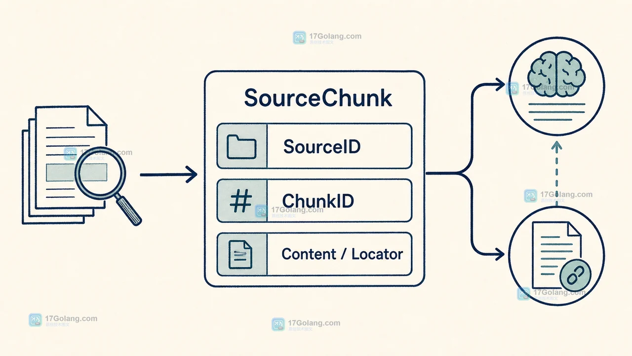 RAG SourceChunk 从检索片段到答案引用的数据流，包含 SourceID、ChunkID、Content 和 Locator