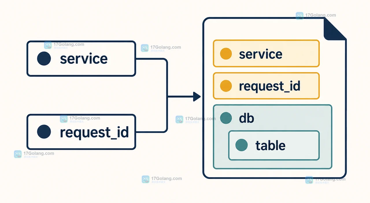 Go slog JSON 输出中 service 与 request_id 在顶层、table 与 rows 位于 db 组内
