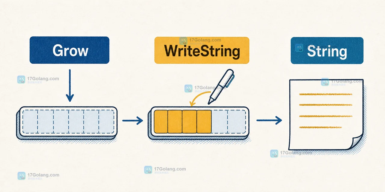bytes.Buffer 中 Grow 预留空间后由 WriteString 写入内容,再由 String 读取结果的数据路径