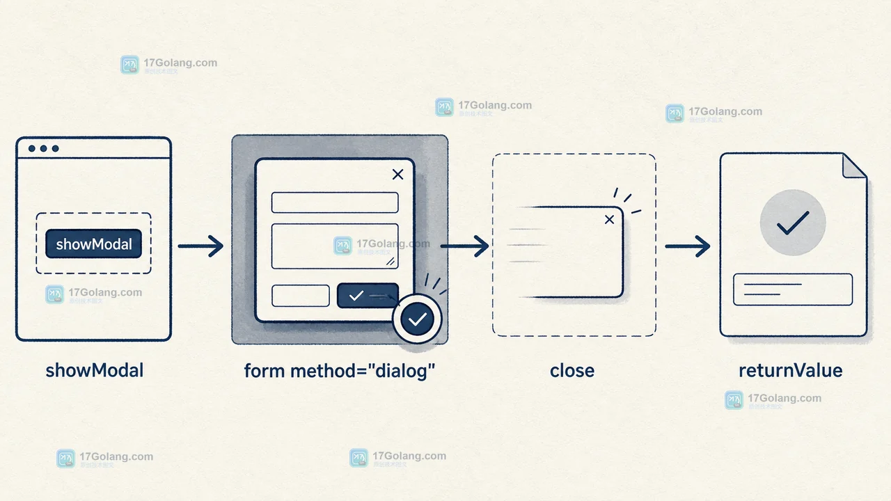 showModal 打开 dialog,form method=dialog 提交并由 close 事件读取 returnValue 的前端调用链