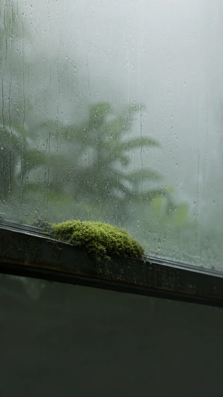雨后青苔玻璃温室手机壁纸：锁屏留白与冷暖色变体提示词