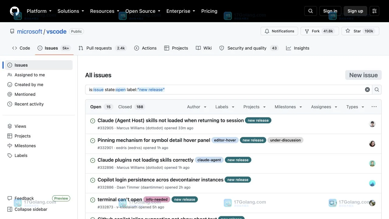 GitHub microsoft vscode Issues 按 new release 标签筛选后的结果列表,显示条件与结果标签