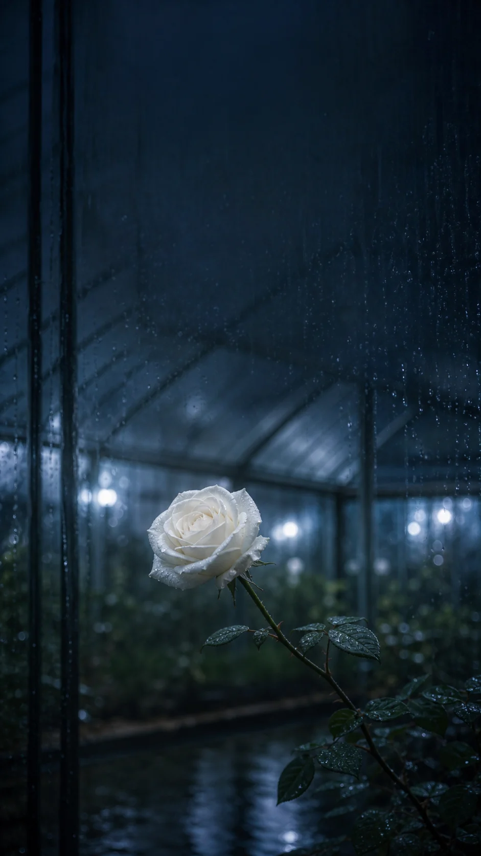 青灰雨夜玻璃温室中的白色月季竖屏手机壁纸，顶部留白适合锁屏时间