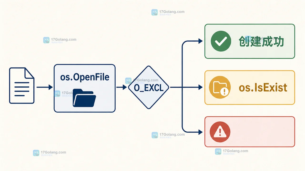 os.OpenFile 配合 O_EXCL 后按创建成功、os.IsExist 和其他错误分支处理