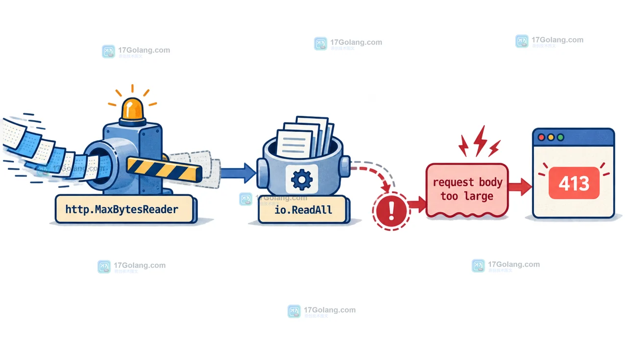Go http.MaxBytesReader 限制服务端请求体,io.ReadAll 超限后进入 413 响应而不是继续处理 payload