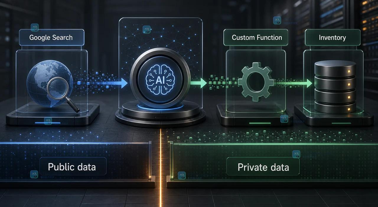 Gemini API 工具组合从公开搜索到自定义库存函数的调用链与数据边界示意