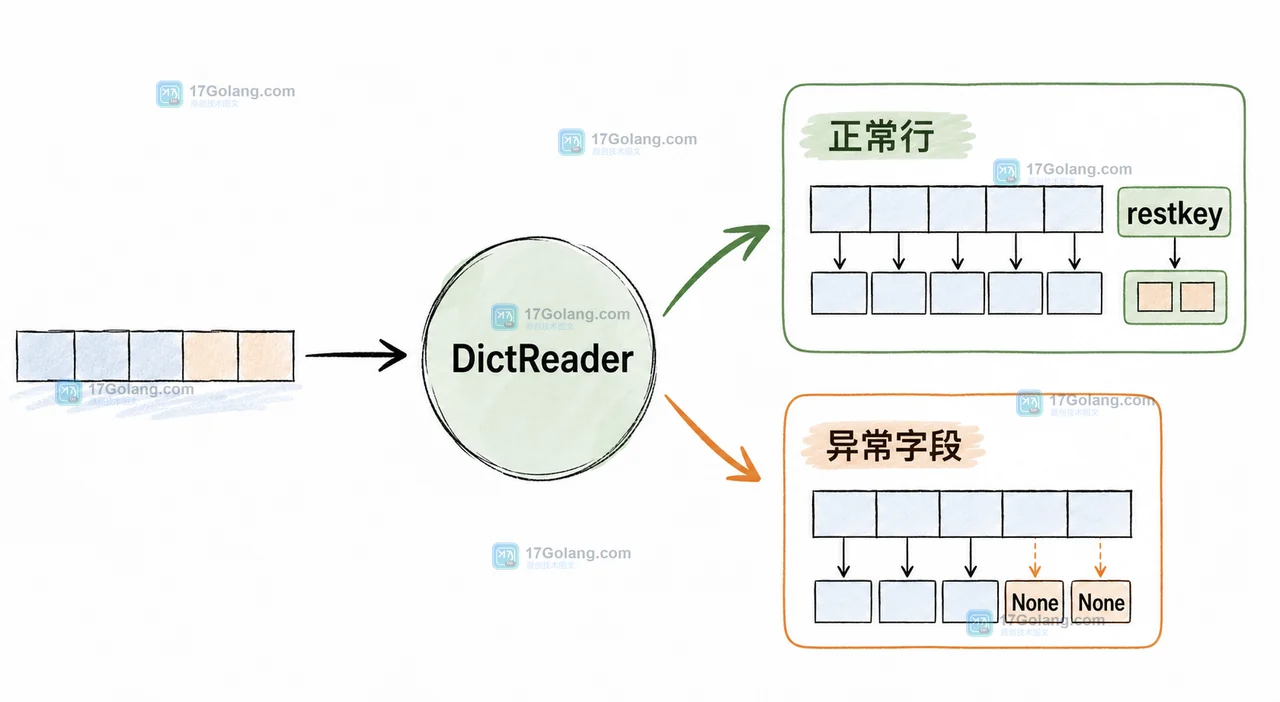 Python csv.DictReader 遇到多余列怎么办：restkey、缺失列与行级校验