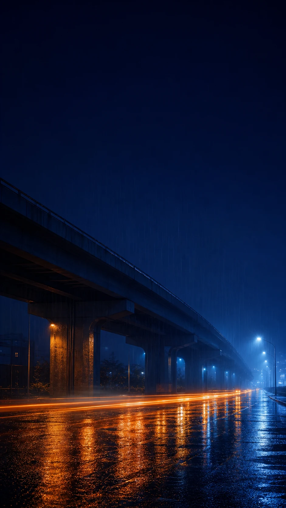高架桥下的蓝色雨幕手机壁纸提示词：锁屏时间留白与橙色车流变体