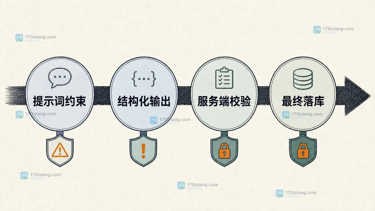 大模型 JSON 输出从提示词约束到结构化输出、服务端校验再到最终落库的分层风险图