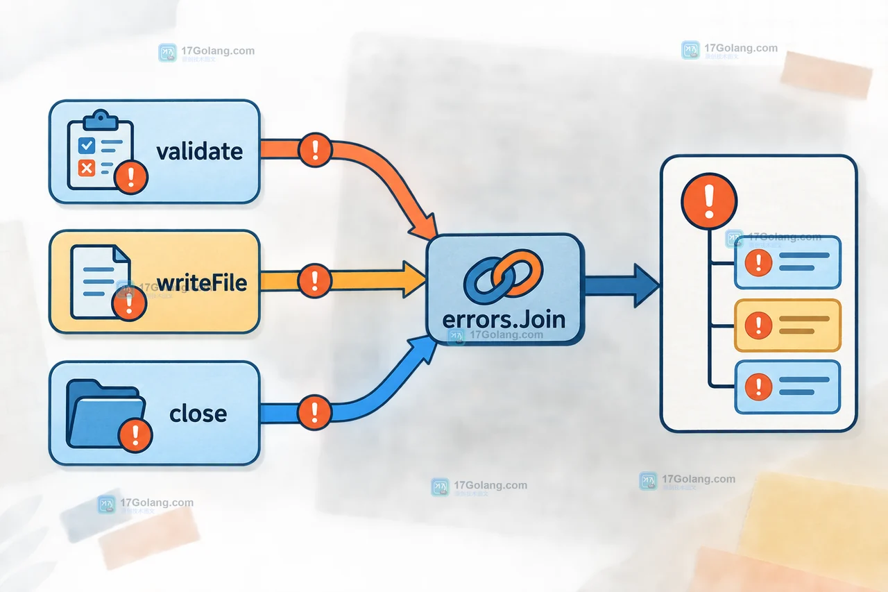 validate、writeFile、close 汇入 errors.Join 的 Go 错误链