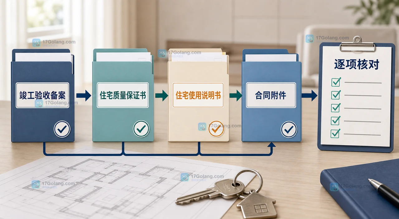 商品住宅交付文件核对链:竣工验收备案、住宅质量保证书、住宅使用说明书与合同对照