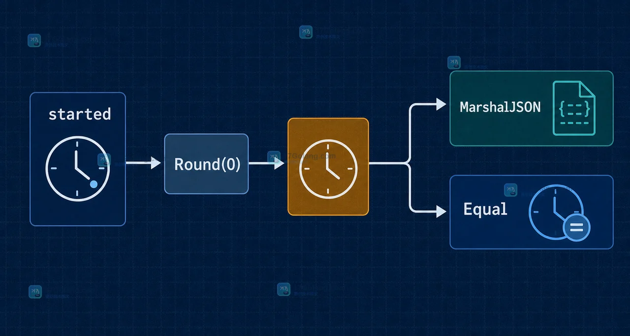 Go started、Round(0)、MarshalJSON 与 Equal 的单调时钟清理和比较路径示意图
