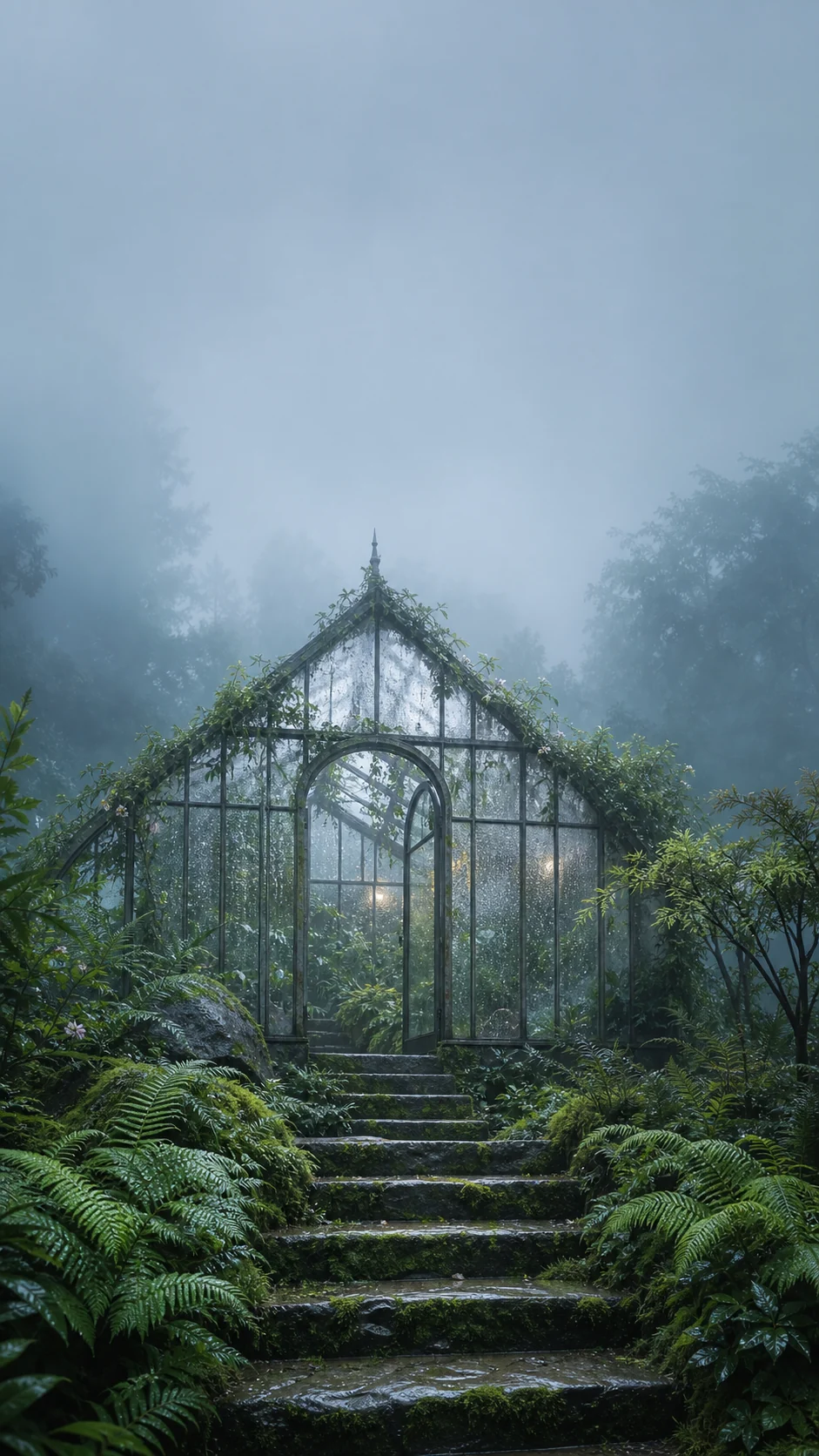 雨后苔藓玻璃温室手机壁纸提示词：为锁屏时间区保留雾光留白