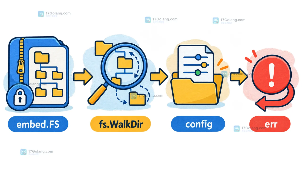 Go embed.FS 交给 fs.WalkDir 遍历 config 目录并把 err 传回调用方