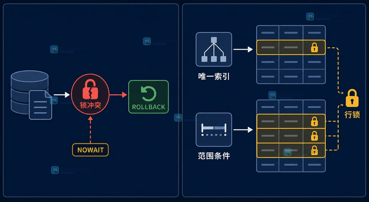 SELECT FOR UPDATE NOWAIT 的锁冲突分支进入 ROLLBACK,再返回可重试结果