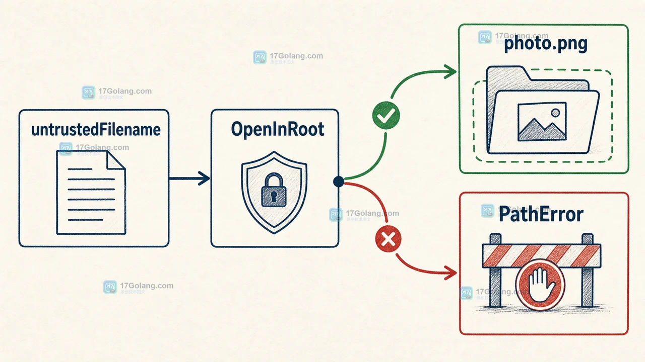 OpenInRoot 对 photo.png、目录逃逸和越界符号链接进行允许或拒绝判断