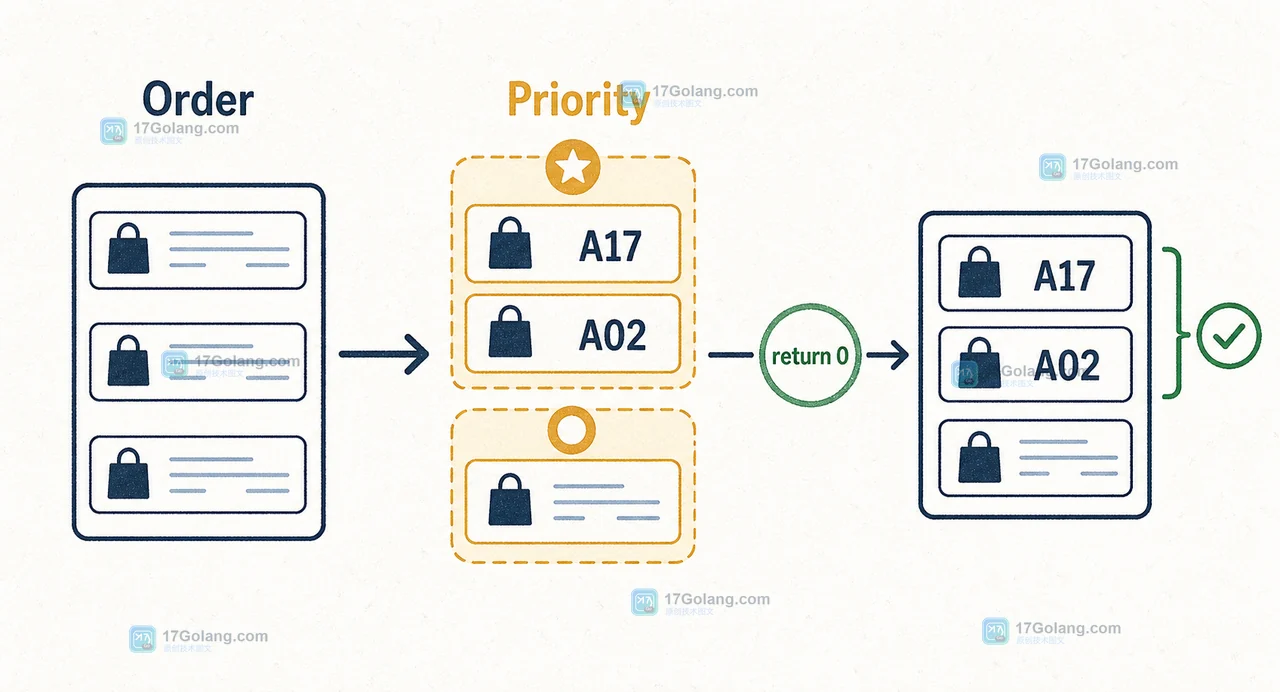 Order 按 Priority 分组，return 0 保留 A17 在 A02 之前的原始顺序