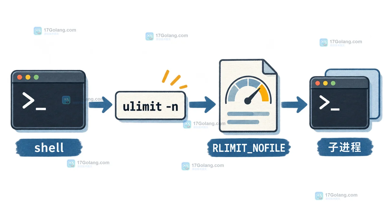 Linux ulimit -n 到 RLIMIT_NOFILE 的 shell 进程继承链，展示 shell、子进程和实际限制