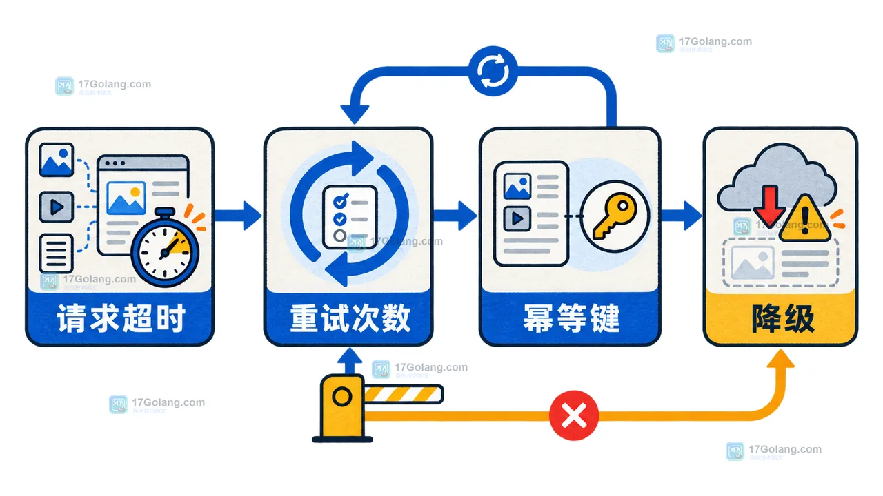 多模态调用重试门禁:请求超时结合重试次数和幂等键,超过边界后进入降级