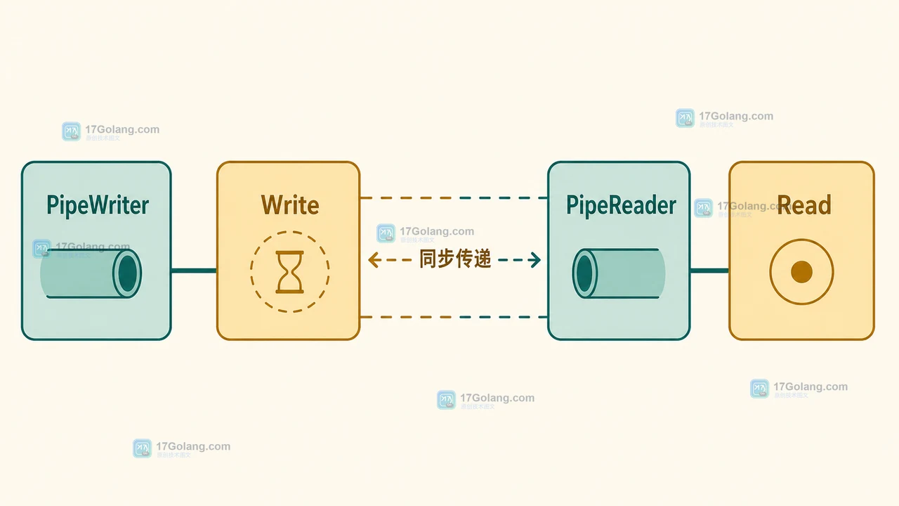 Go io.Pipe 中 PipeWriter Write 与 PipeReader Read 的同步调用链示意图
