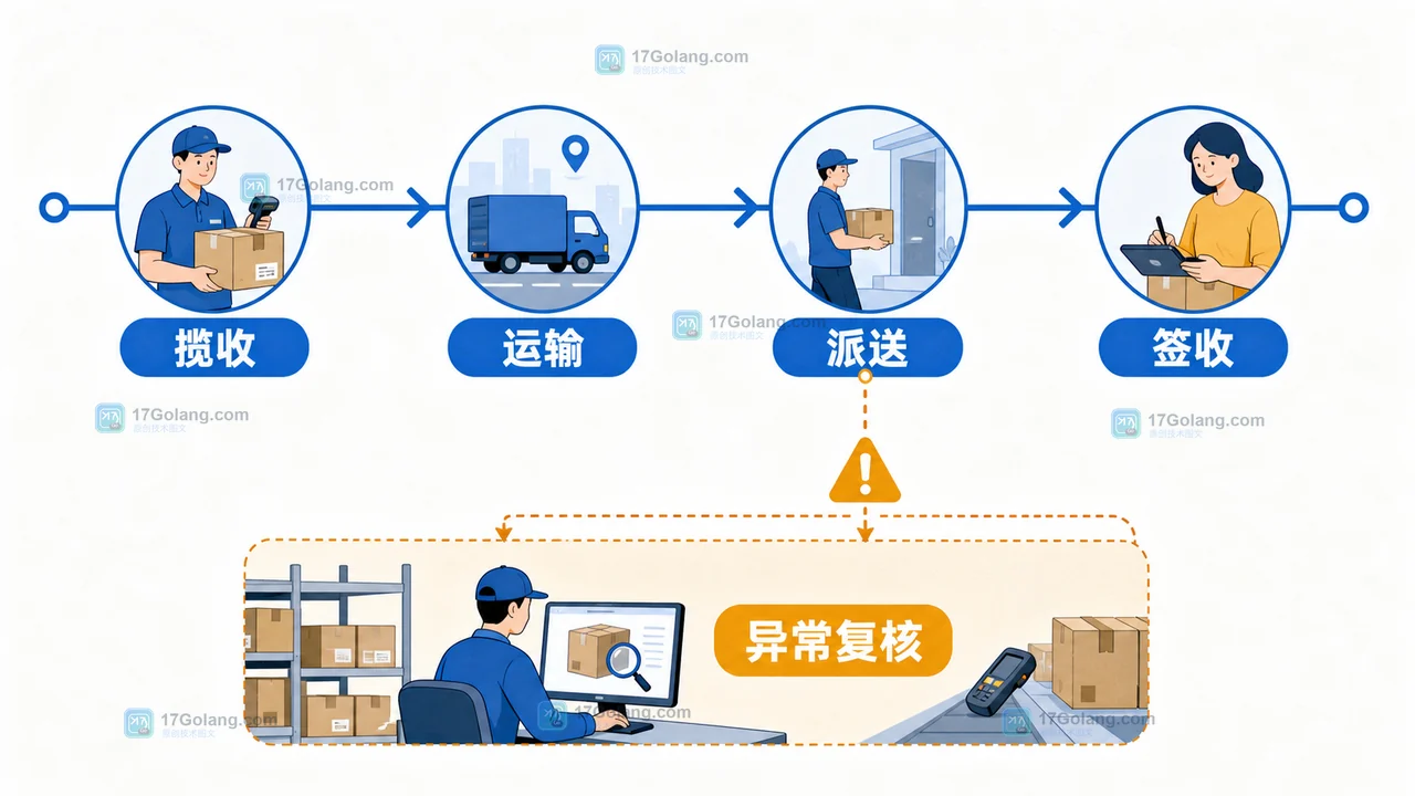 物流轨迹从揽收到签收的节点核对与异常定位示意图