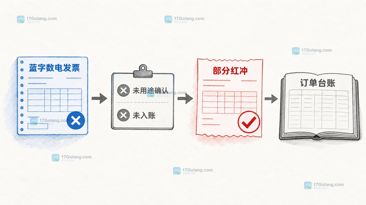 零售店数电发票金额开错时从蓝字发票状态到未入账部分红冲的核对路径