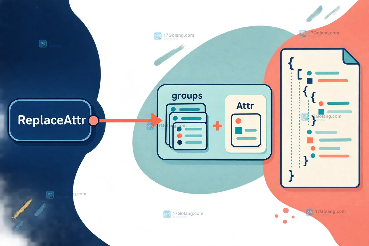 Go slog.JSONHandler 调用 ReplaceAttr 时 groups 传入当前分组、Attr 承载具体字段的调用链示意图
