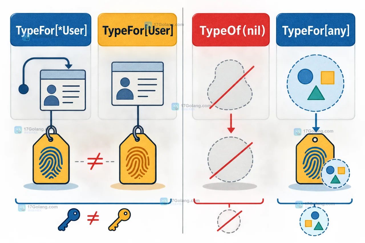 Go TypeFor 与 TypeOf 的分支:类型参数直接得到接口或指针类型,运行时 nil 值在 TypeOf 分支返回空类型