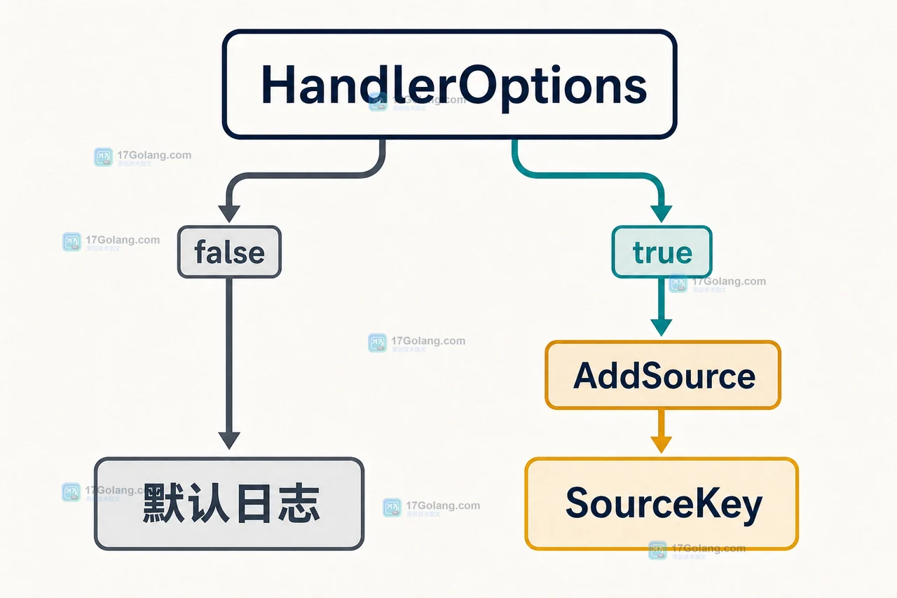 Go HandlerOptions 通过 AddSource 在默认路径与 SourceKey 输出之间切换