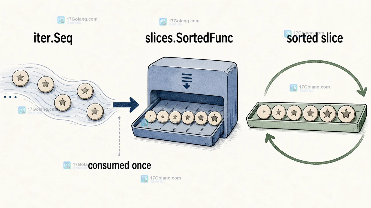 一次性 iter.Seq 被 slices.SortedFunc 消耗后形成可重复遍历的新切片
